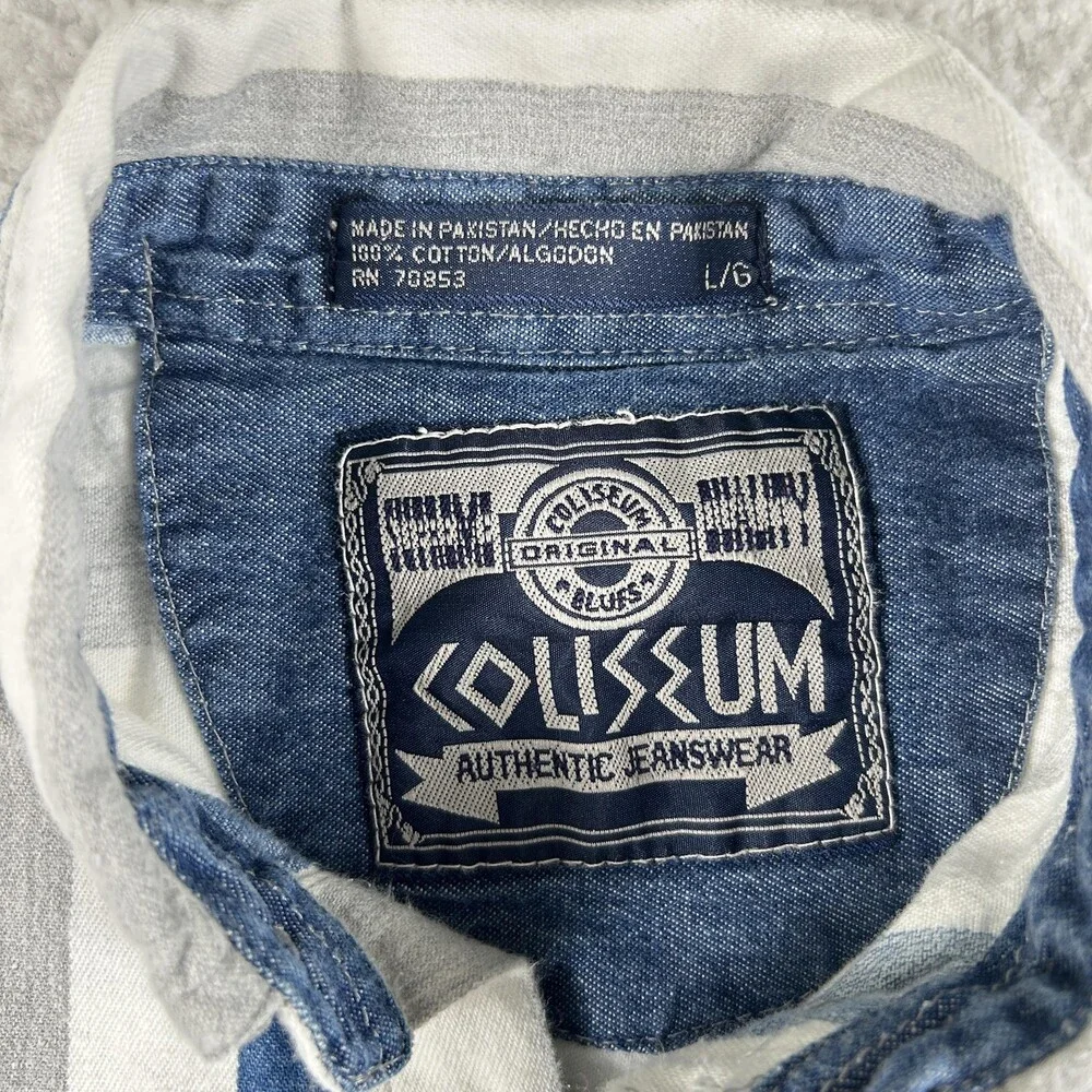 Vintage Coliseum Shirt Mens Large Blue Gray White Striped Button Up Casual 90s